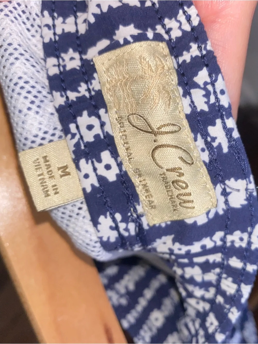 SWIM J. Crew Navy and White Floral Stripe Swim Trunks with Yellow Drawstring M